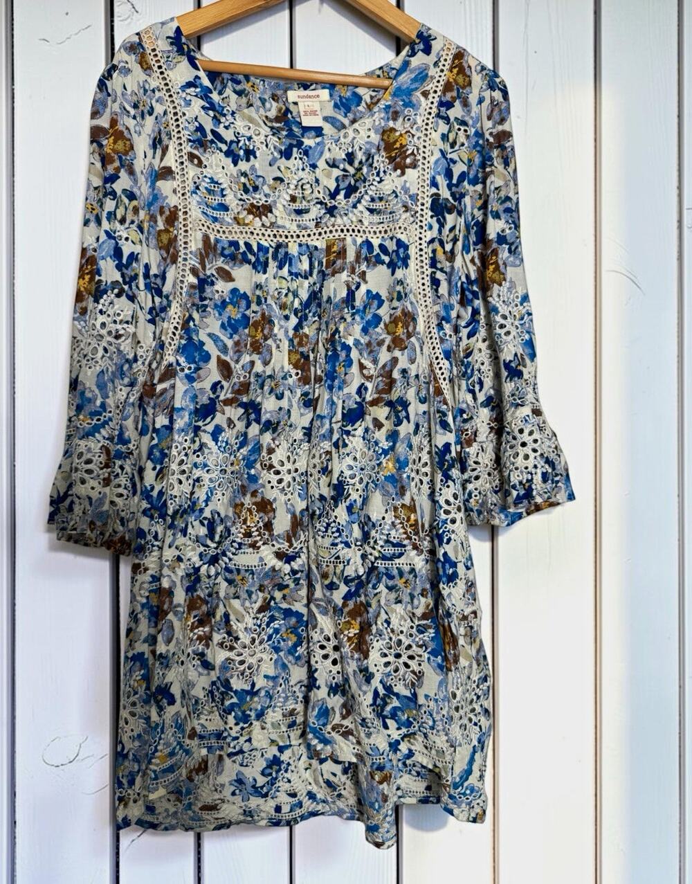 Sundance Women's Blue Floral Delphine Embroidered Tunic Dress Size L Boho